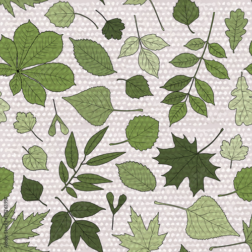 Seamless pattern with green leaves of various trees on beige textured background: chestnut, birch, linden, alder, oak, aspen, maple, ash, box elder, poplar. Vector design. © oksenoyd_irina