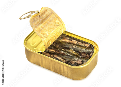 Open can of sardines on white.
