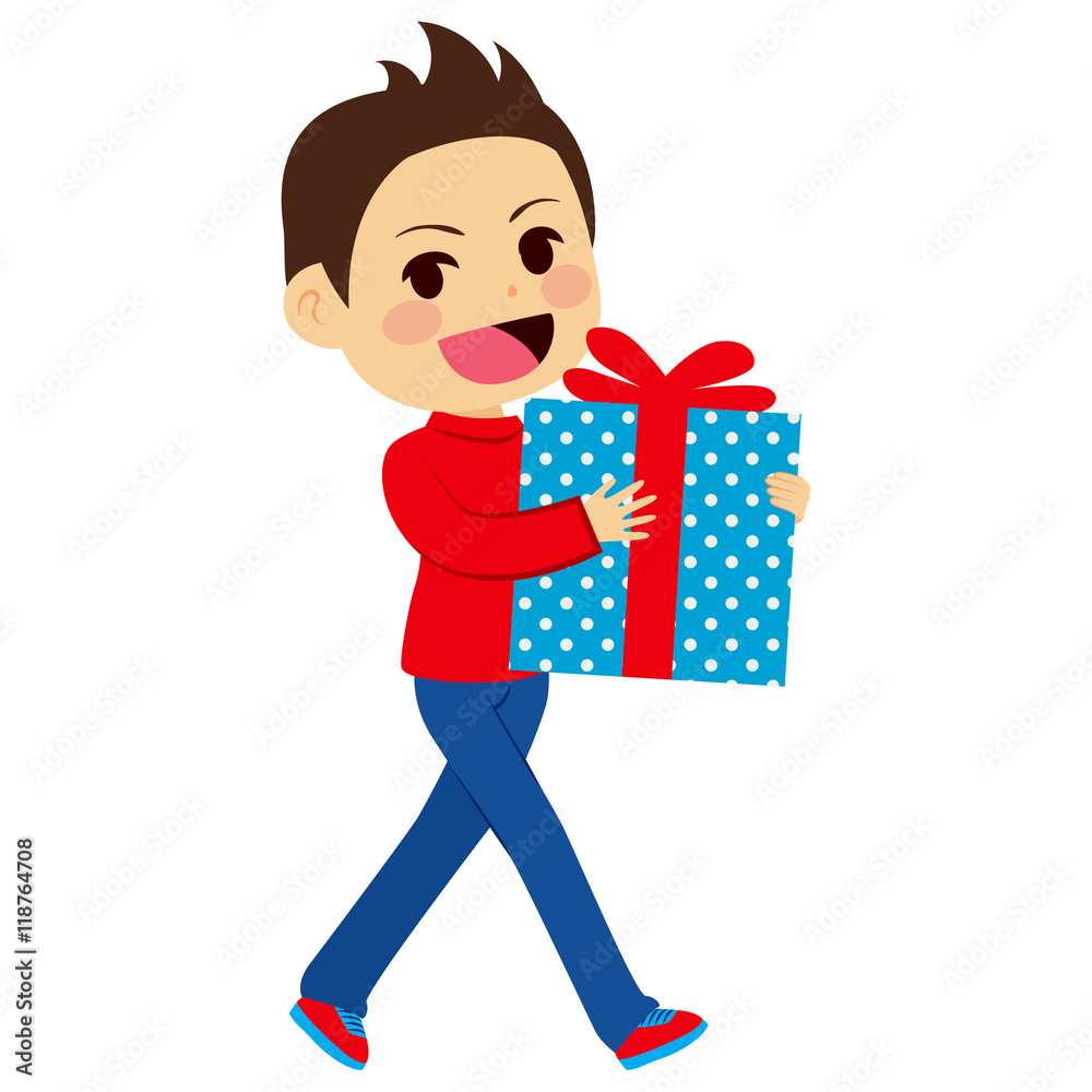 Happy little boy holding big present box Happy little boy holding big present box