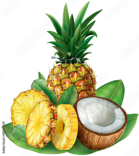 Pineapples and cut coconut