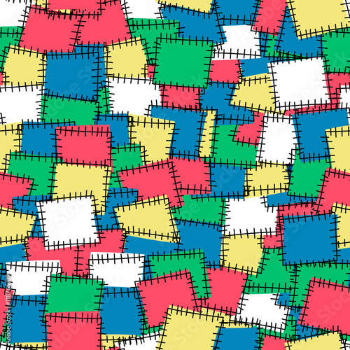 Seamless pattern with bright patches. Background for kid textile, pajama, paper print, card and other design. Hand drawn vector illustration. Sewing theme