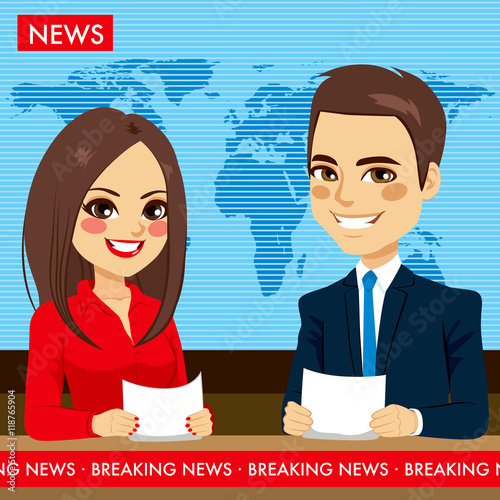 Female and male newscasters on tv news television show