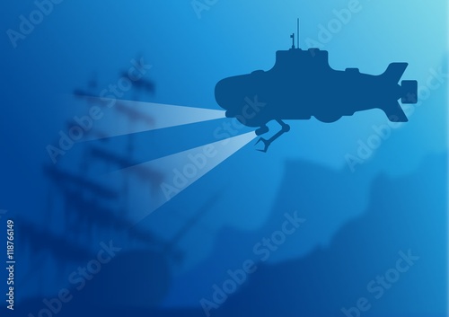 Blurred underwater background with submarine