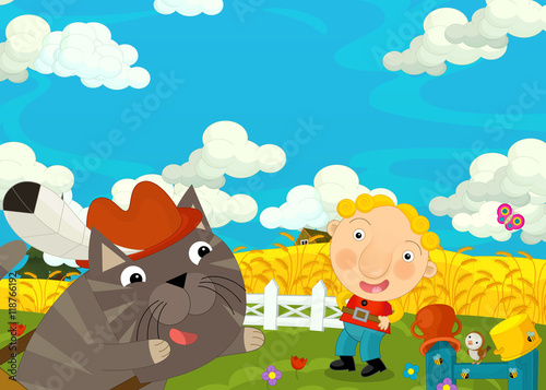 Cartoon happy and funny scene with boy and cat - friends - talking together - illustration for children 