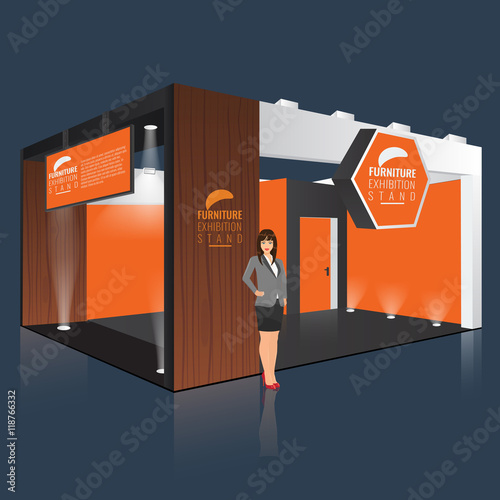 Creative exhibition stand display design with info board. Booth template. Corporate identity. Display Mock-up. Vector Mock up. Unique Trade booth template with beam light effect.