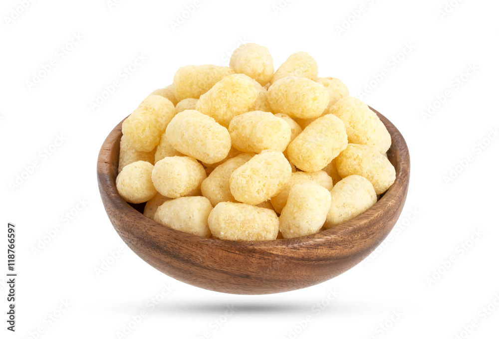 Sweet corn sticks in wooden bowl isolated on white Sweet corn sticks in wooden bowl isolated on white
