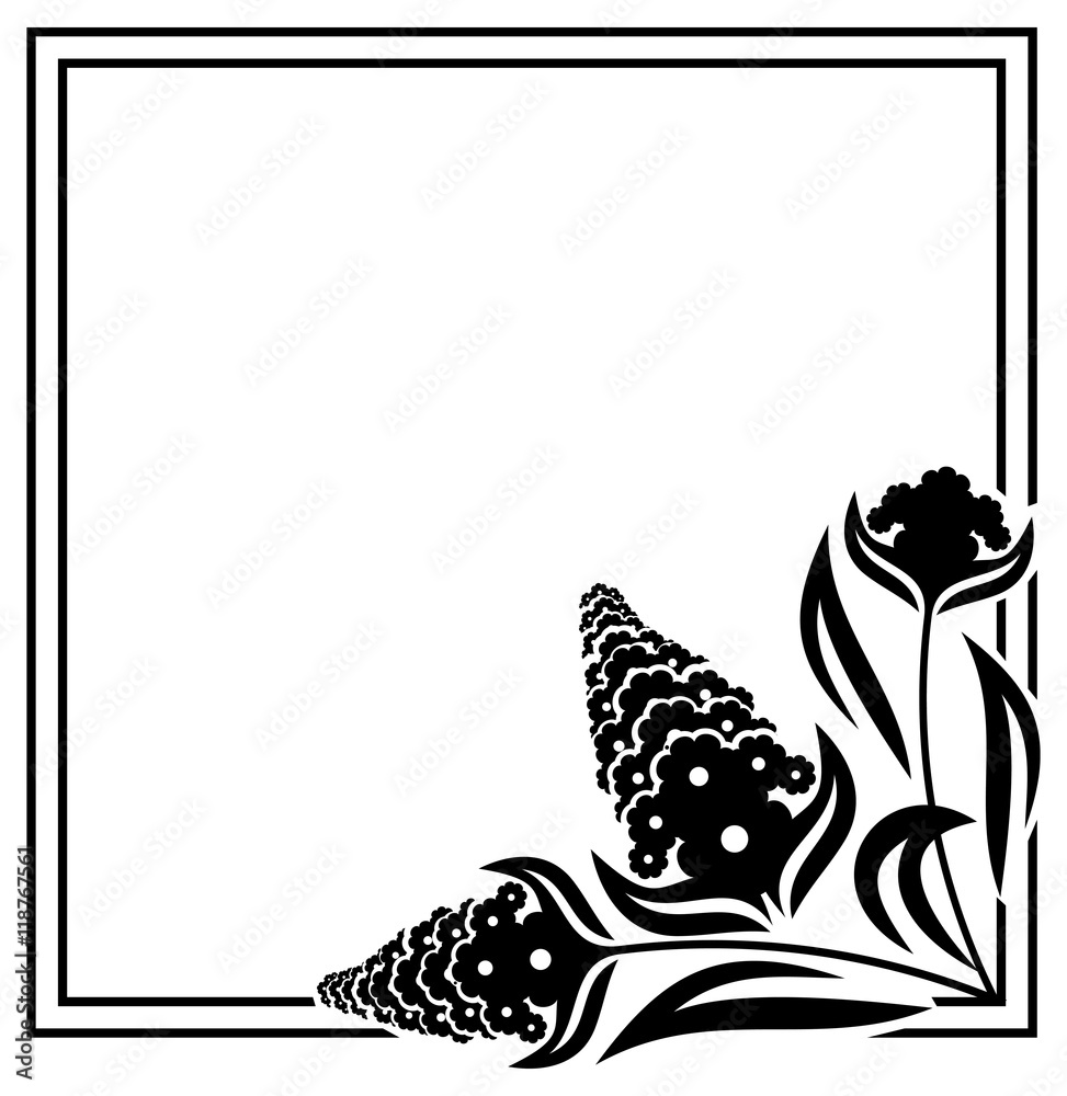 Square label with black and white decorative flowers silhouettes. Copy space. Design element for