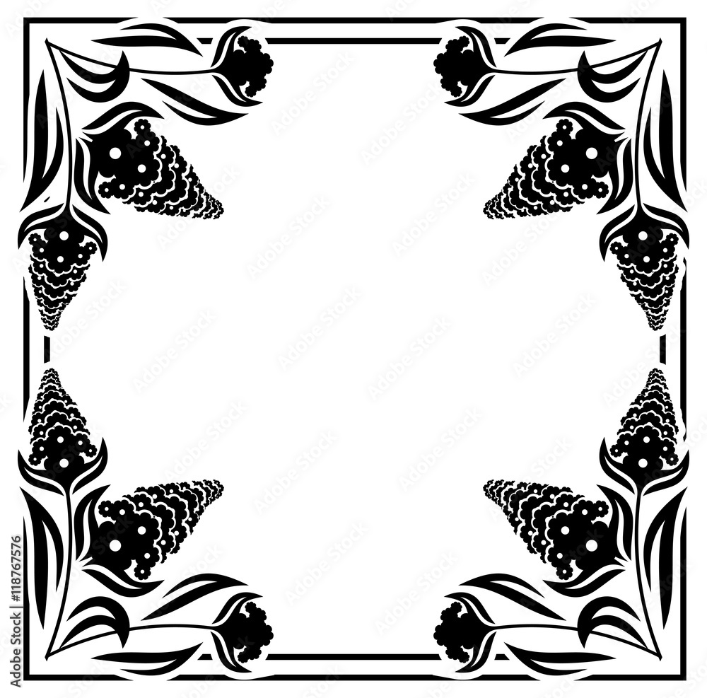 Square label with black and white decorative flowers silhouettes. Copy space. Design element for