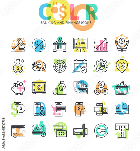 Flat line icons set of banking, internet and mobile banking, payment services and solutions. Modern design icons for web and app design and development.