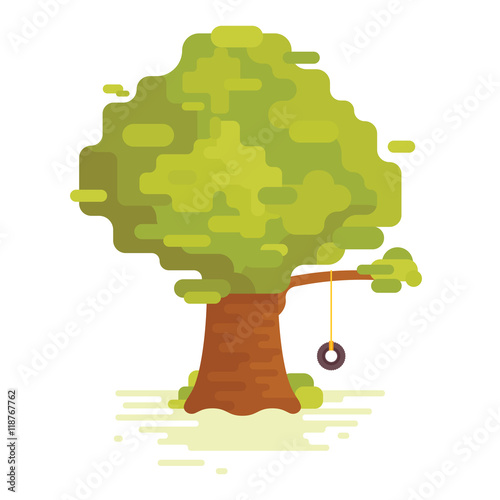 Big green tree with swing isolated on white background. vector. flat design. modern theme.  photo