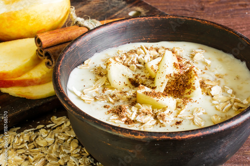Oatmeal with apple and cinnamon in the bowl