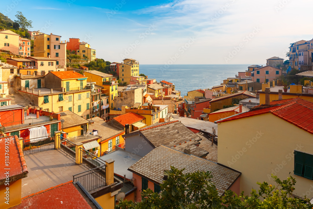 Panoramic view of Riomaggiore fishing village in Five lands, Cinque Terre National Park, Liguria, Italy.