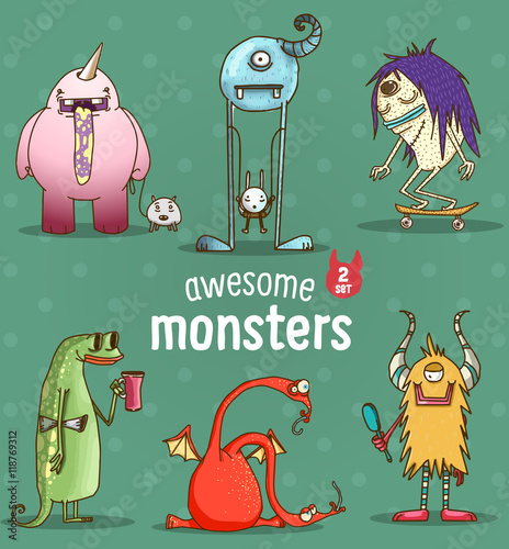 Set of different cute funny cartoon monsters
