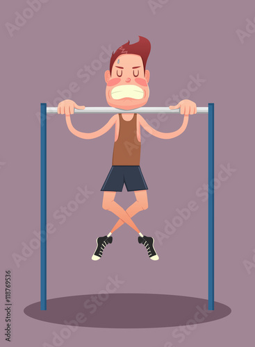 Young man doing exercises on horizontal bar