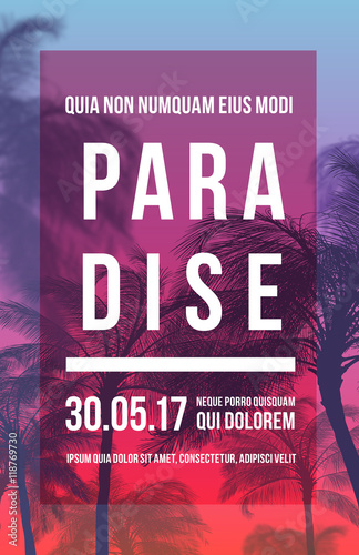 Summer party poster design template with palm trees silhouettes. Modern style. Vector illustration