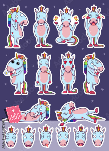 Cartoon Unicorn Character. Emoticon Stickers With Different Emotions. Vector Illustration.