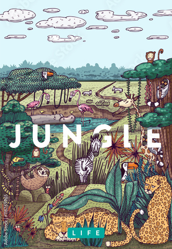 Detailed colorful vector illustration. Wild life in jungle with different animals, birds and plants