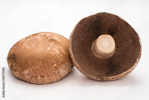 portobello mushrooms on white background, close up, horizontal