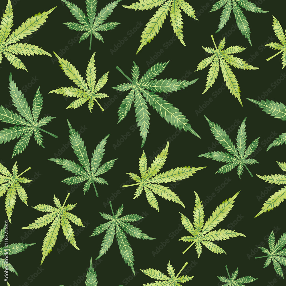 Watercolor marijuana leaves on dark. Seamless pattern. Vector cannabis background.