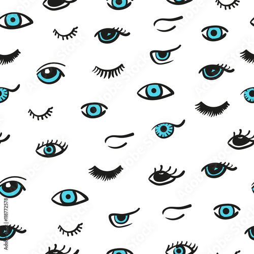 Doodle eyes seamless pattern. Vector background with cute blue eyes and lashes. 