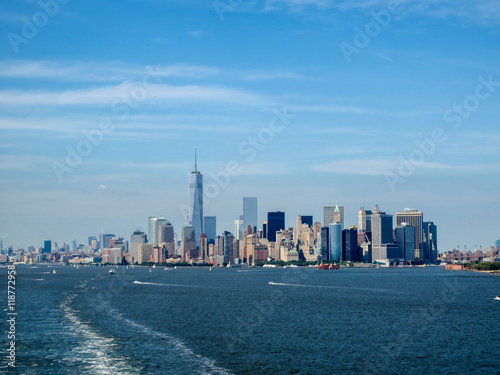 The New York City Skyline heading out of Hudson Bay