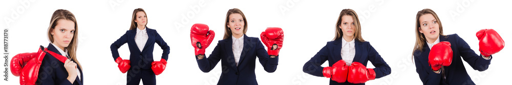 Woman businesswoman with boxing gloves on white Woman businesswoman with boxing gloves on white