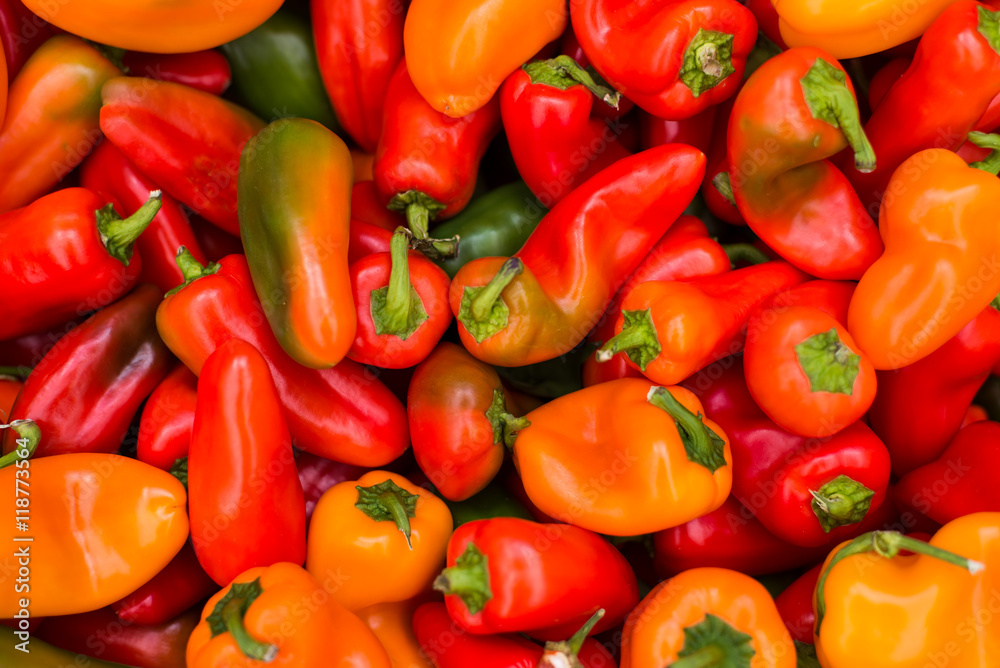 delicious, organic red peppers at farmers market, close up, horizontal delicious, organic red peppers at farmers market, close up, horizontal