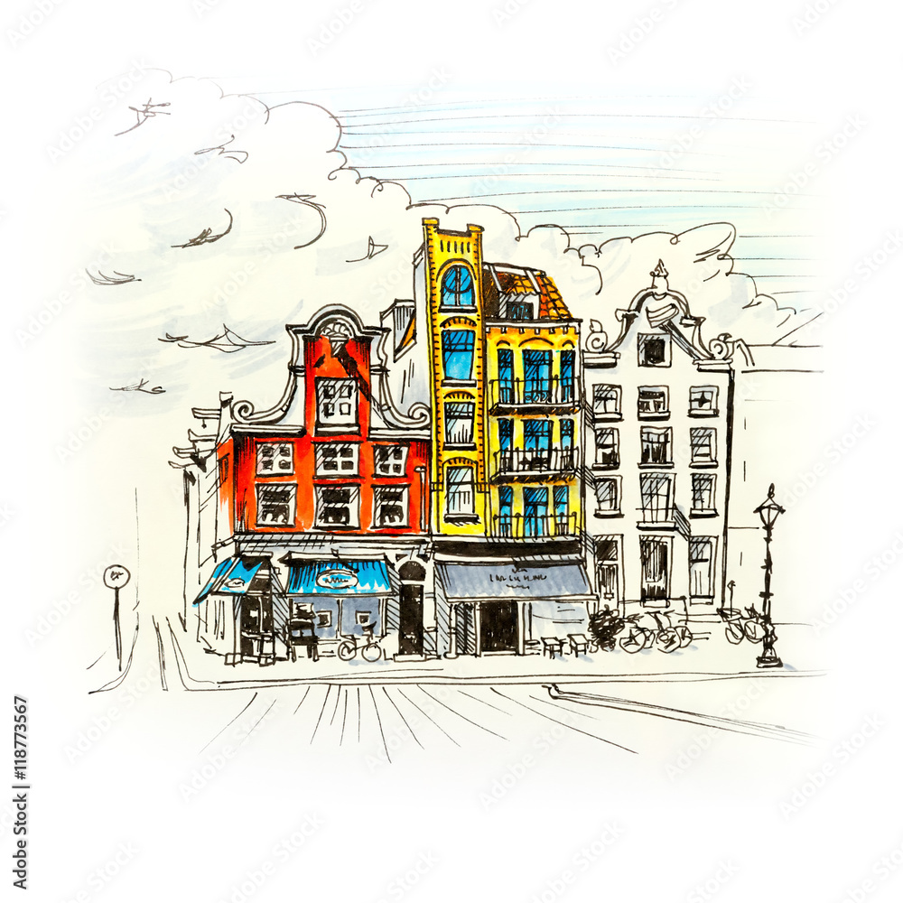 Color hand drawing, city view of Amsterdam typical houses, Holland, Netherlands. Picture made markers
