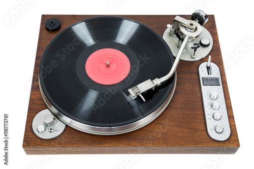 Turntable with vinyl record on white background