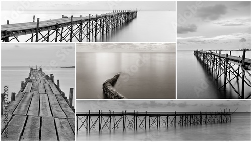 Photo collage with black and white photography of beach wooden pier