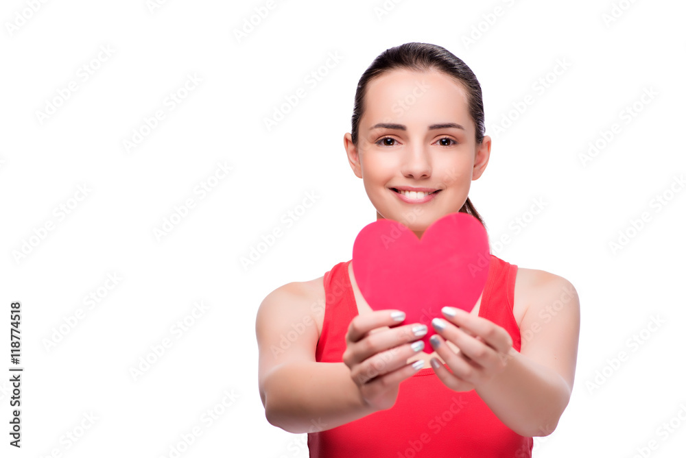 Young woman with heart shaped isolated on white Young woman with heart shaped isolated on white