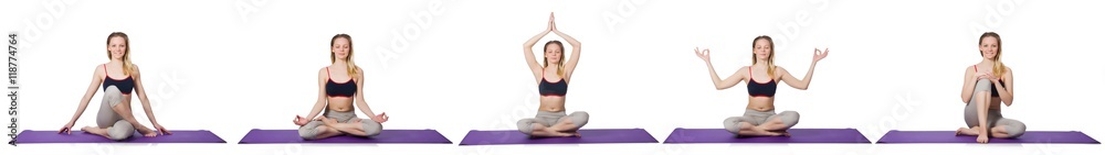 Young female doing exercises on white Young female doing exercises on white