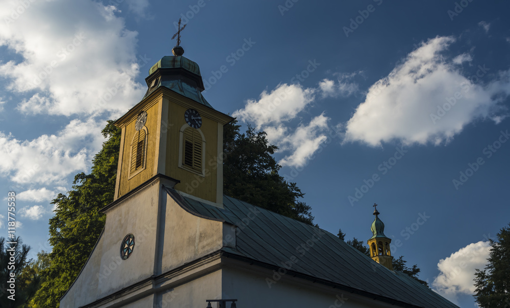 Church with tower and cross in Krkonose mountains Church with tower and cross in Krkonose mountains