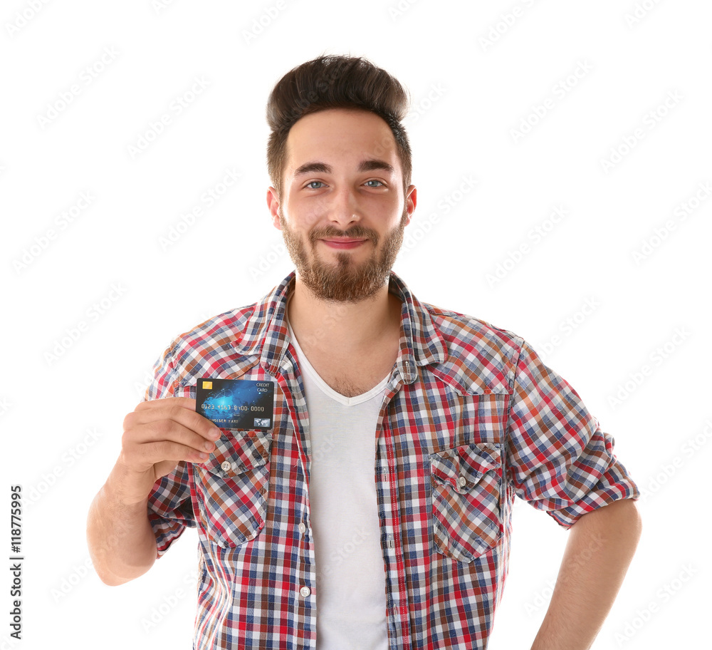 Young man holding credit card on white background Young man holding credit card on white background