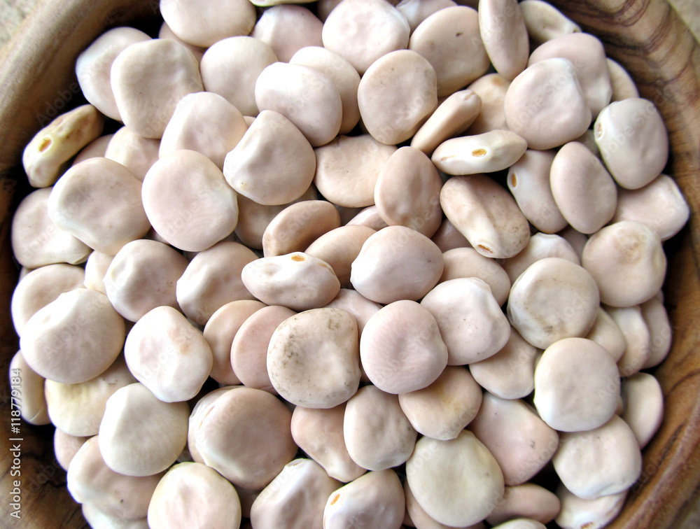 Lupini beans in a wooden bowl from close