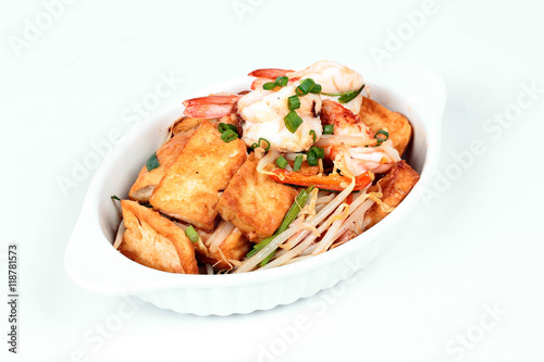 Fried shrimp with deep fried tofu on white background.