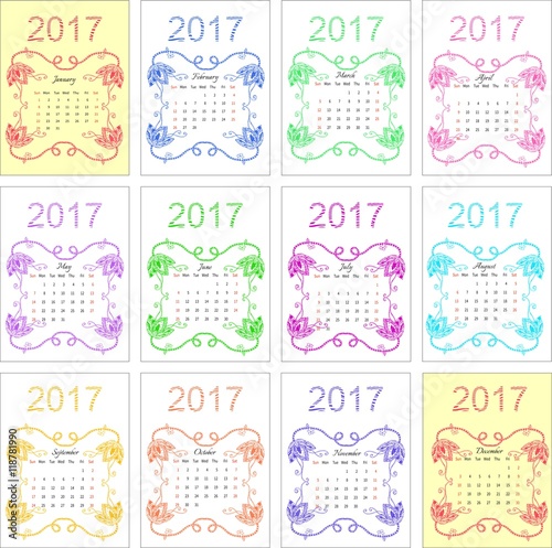 Calendar for 2017 year with flowers. Week starts on Sunday. Vector illustration.