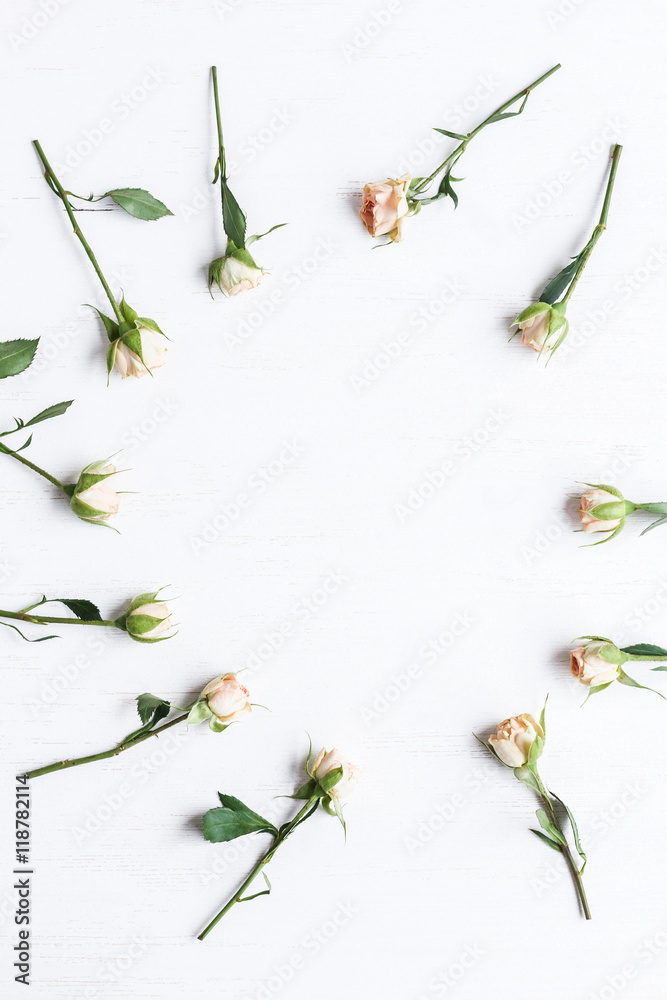 frame of rose flowers, top view, flat lay frame of rose flowers, top view, flat lay