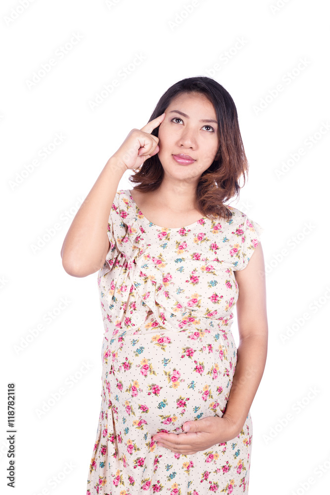 pregnant woman in dress thinking isolated on white pregnant woman in dress thinking isolated on white