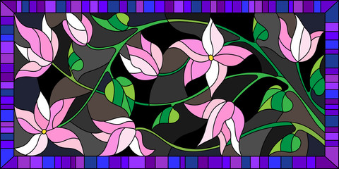 Illustration in stained glass style, the branch with flowers on a dark background