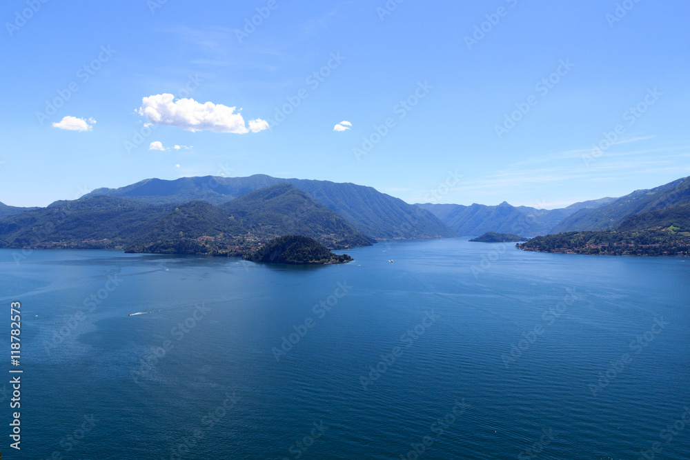 Panorama of Lake Como and lakeside city Bellagio with mountains in Lombardy, Italy