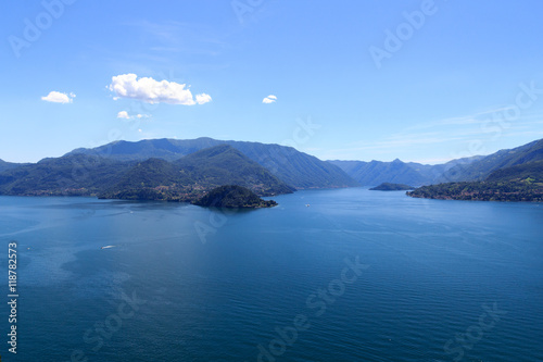 Panorama of Lake Como and lakeside city Bellagio with mountains in Lombardy, Italy