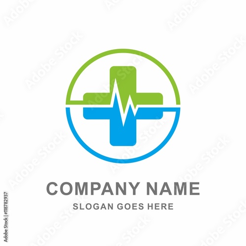 Medical Pharmacy Geometric Cross Cardiogram Vital Sign Vector Logo Design Template