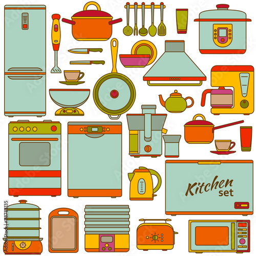 Set of line icons. Kitchen appliances icons set. Vector illustration.