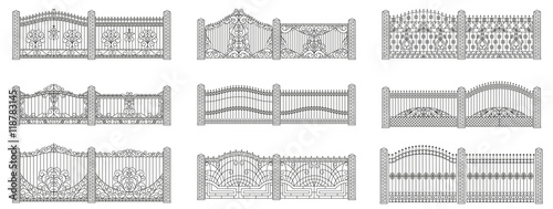 Forged gates and fences set.  Linear design. Vector outline illustration isolated on white.