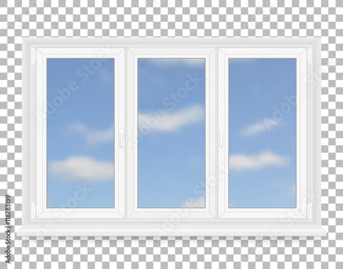 Realistic white plastic window with sky view. Vector illustration.