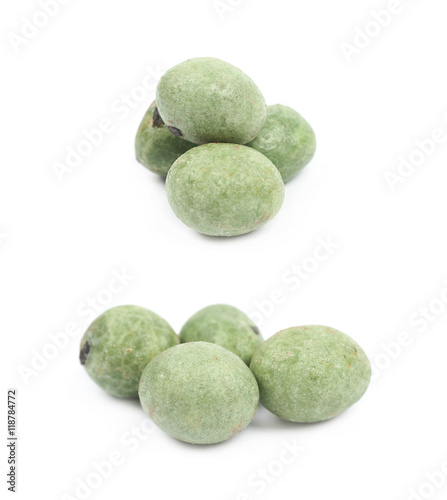 Green wasabi coated peanuts isolated
