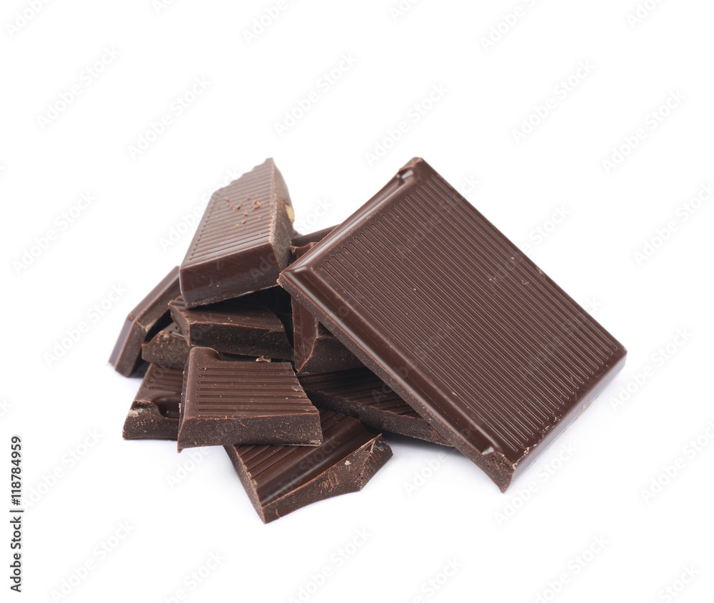 Pile of chocolate bar pieces isolated