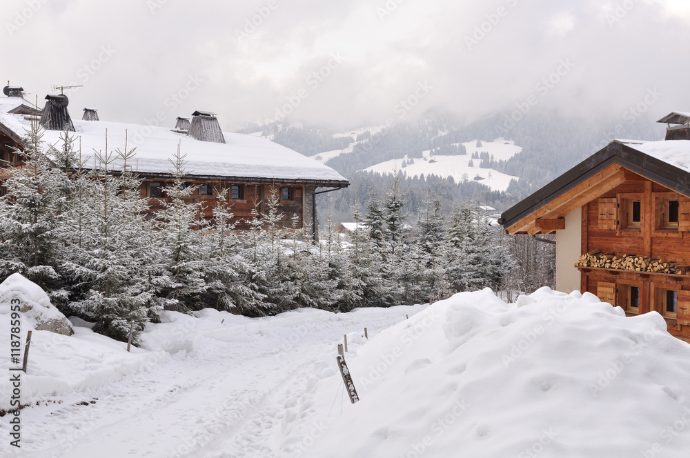 maisons sous la neige d'un village de montagne