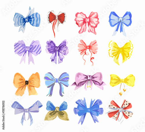 Watercolor bow set. Different colorful bows and ribbons for holidays, greeting and celebration as Christmas, birthday, Valentines day and wedding.